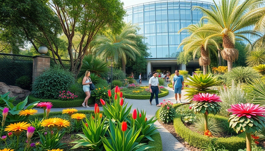 Missouri Botanical Garden with diverse plants, modern glass building, and visitors.