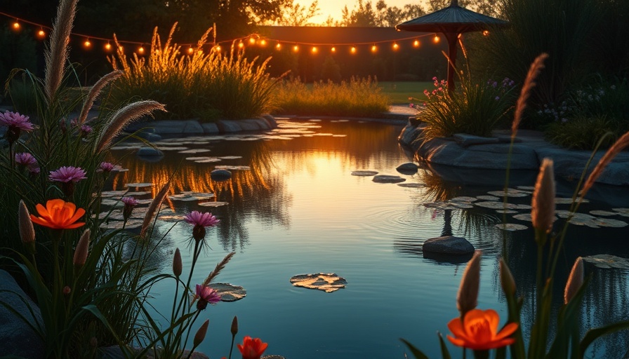 Stunning natural pond with lights and flowers at dusk