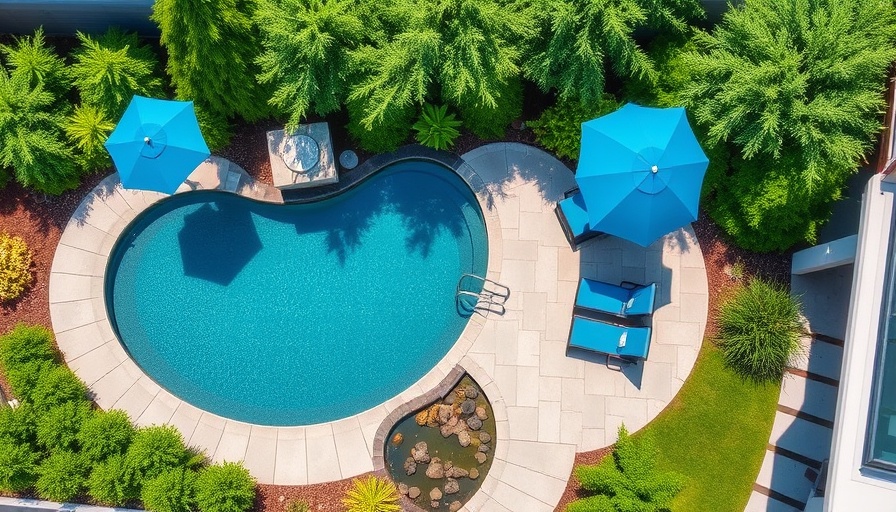 Modern landscape design ideas: aerial view of backyard pool and garden.