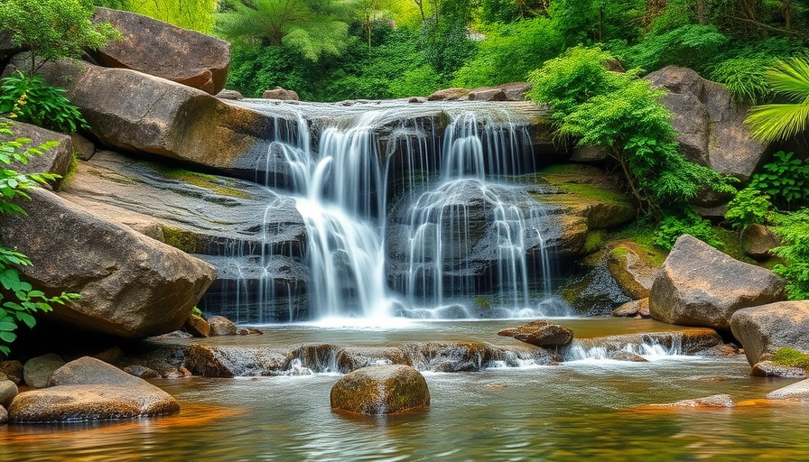 Tranquil waterfall in Long Island landscape design.