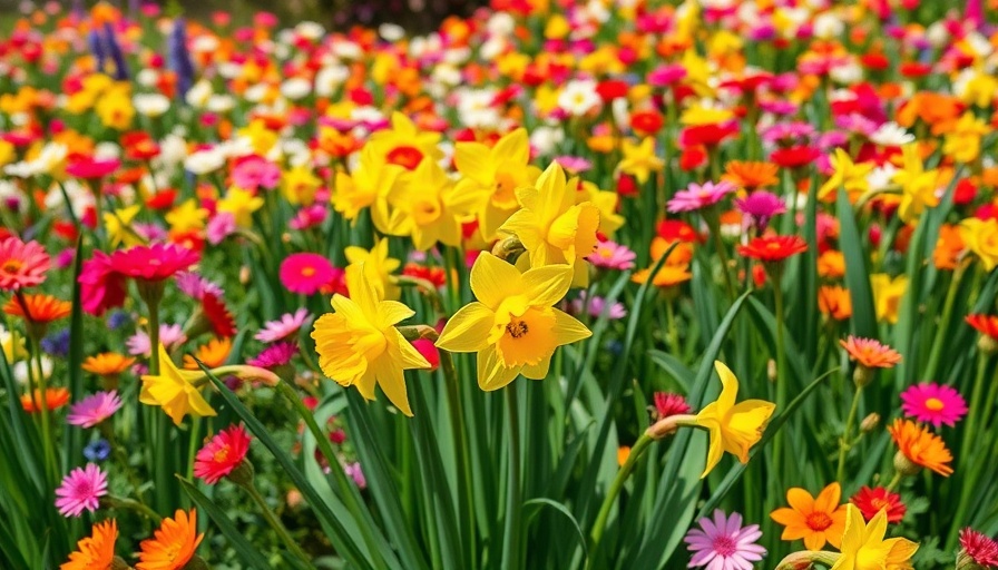 Spring flower succession planting in a vibrant garden with yellow daffodils.