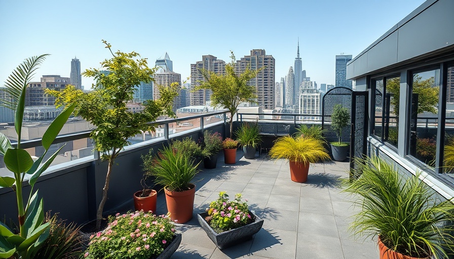 Modern rooftop garden with plants and trees in bright daylight.