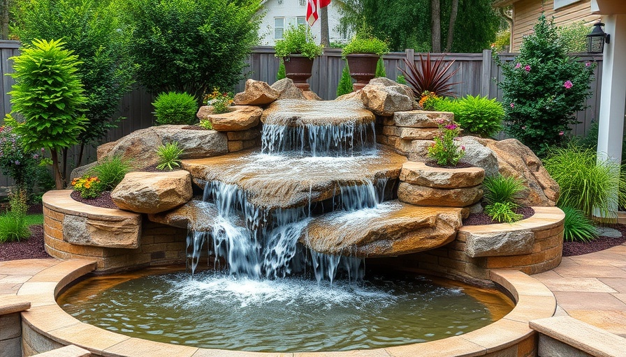 Tranquil backyard water feature maintenance with lush greenery and stone patio.