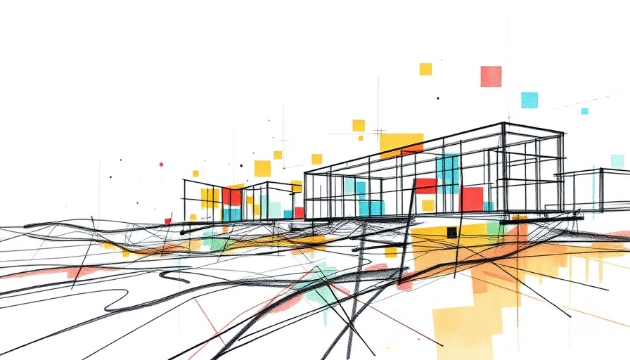 Abstract landscape architecture sketch with grids and colors, Kongjian Yu inspiration.