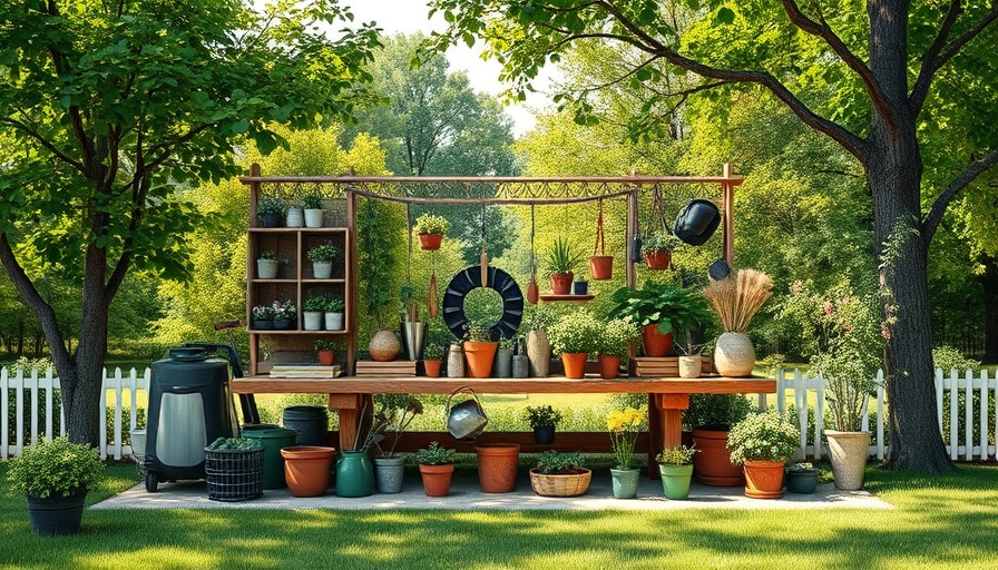 Charming potting station for home gardens in lush outdoor setting.