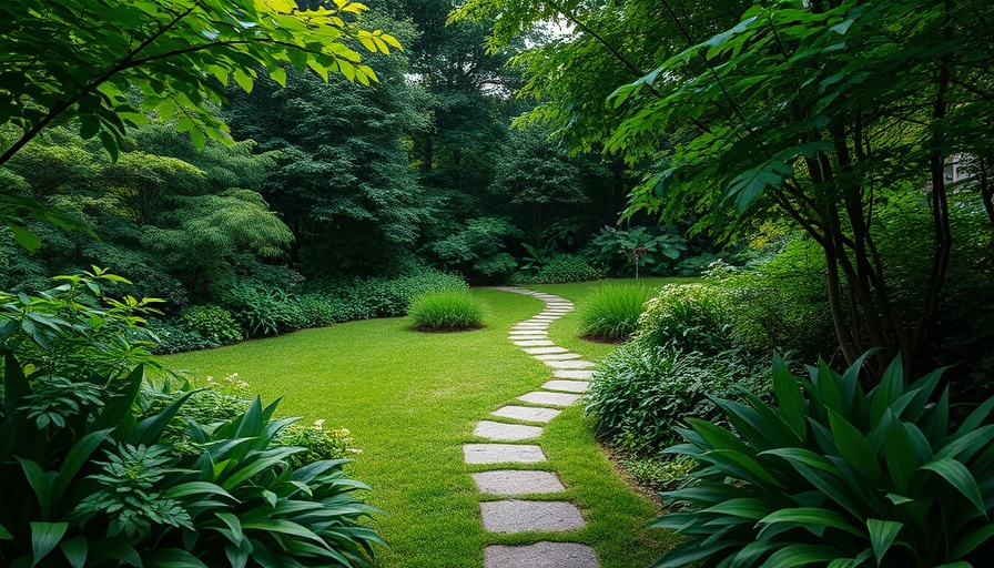 Peaceful backyard walking trail with stone path and greenery.