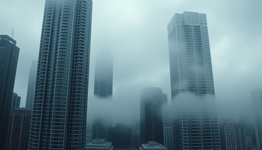 Towering skyscrapers shrouded in fog showcasing urban architecture.