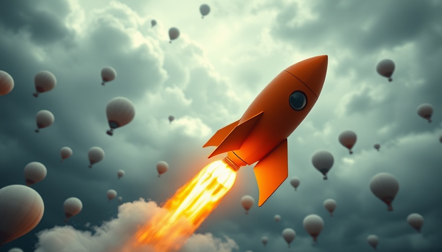 Powerful rocket ascending above hot air balloons in cloudy sky.