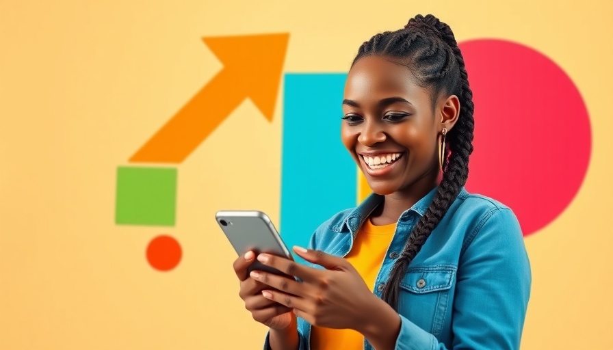 Cheerful woman using smartphone with bold graphic elements.