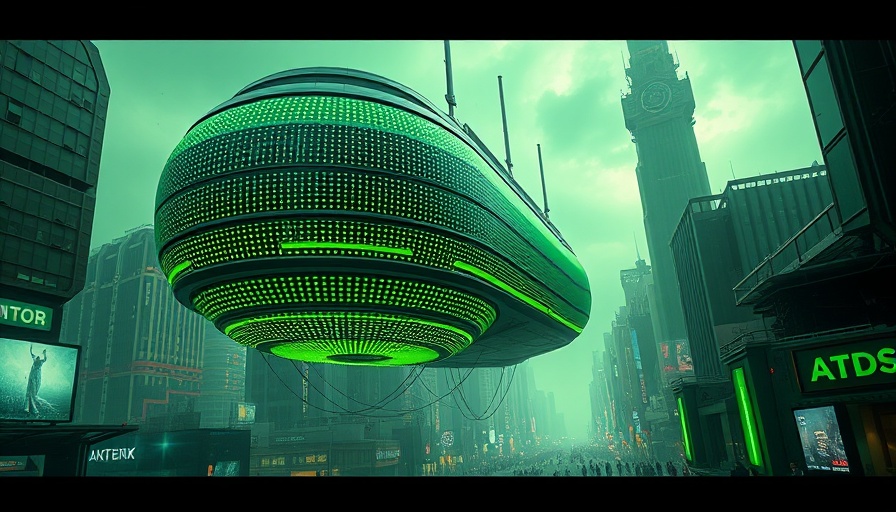 Futuristic office building in sci-fi cityscape.