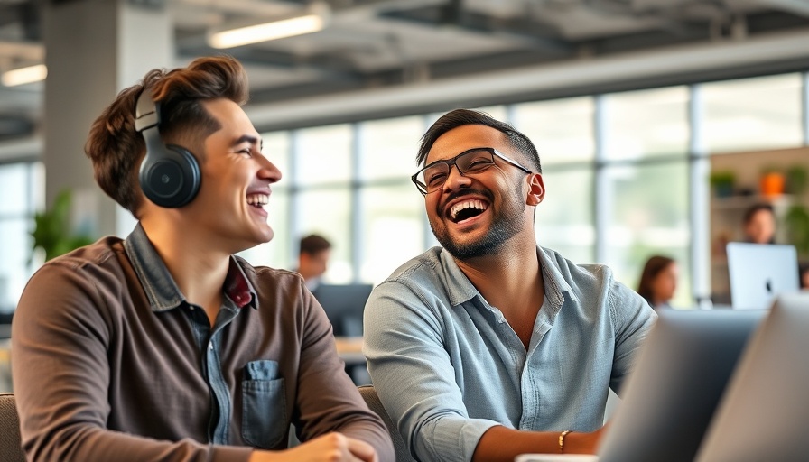 Laughing young adults in modern workspace, social media for education benchmarks.