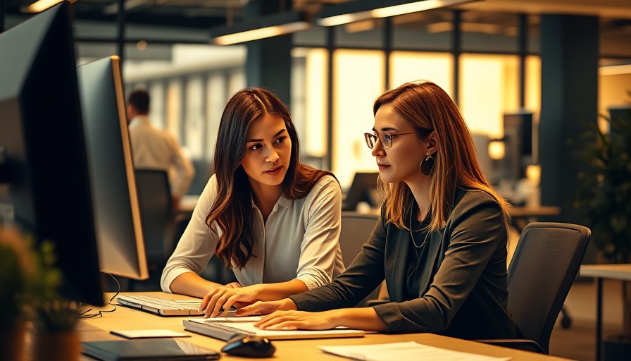 Two women discussing at computer, modern office, digital art