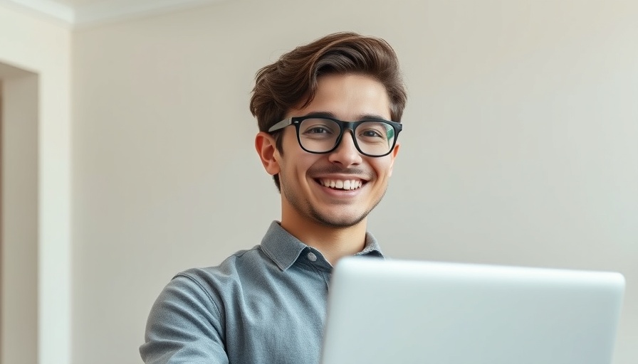 Smiling man with glasses holding laptop for social media competitor analysis.