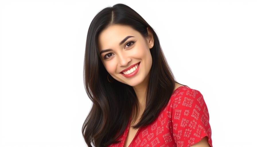 Professional portrait of a smiling woman in a red patterned dress