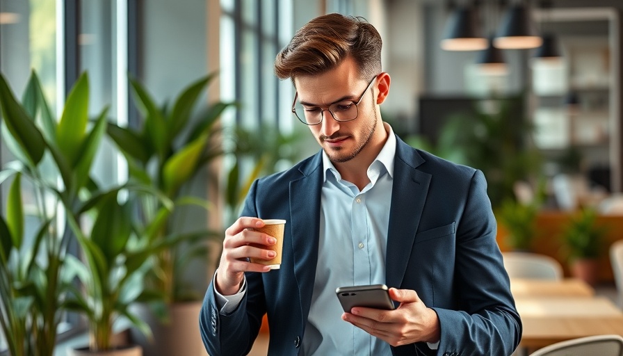 Young man using smartphone while drinking coffee in an office cafe.