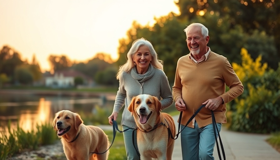 Joyful older couple walking dogs by the water at sunset