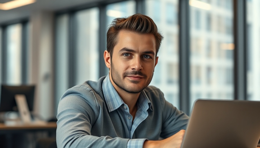 Confident man in office leaning forward symbolizes building a leadership legacy.