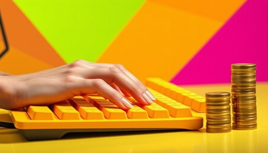 Hands typing on yellow keyboard with coin stack, B2B SaaS Marketing Tactics.