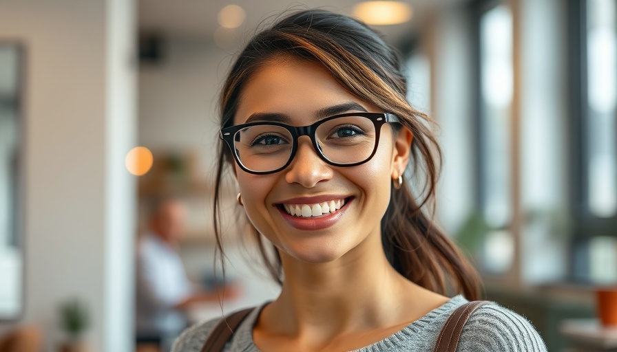 Smiling woman wearing glasses indoors with a blurred background.