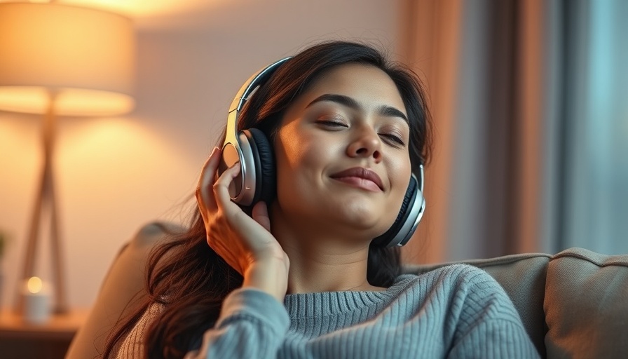 Woman practicing evening habits for happiness, wearing headphones.