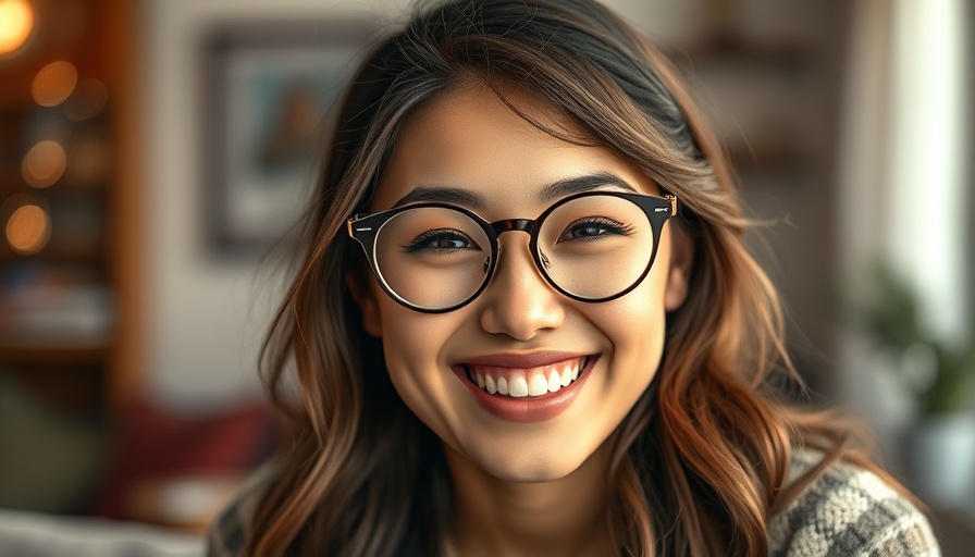 Smiling young woman with glasses in a cozy setting.