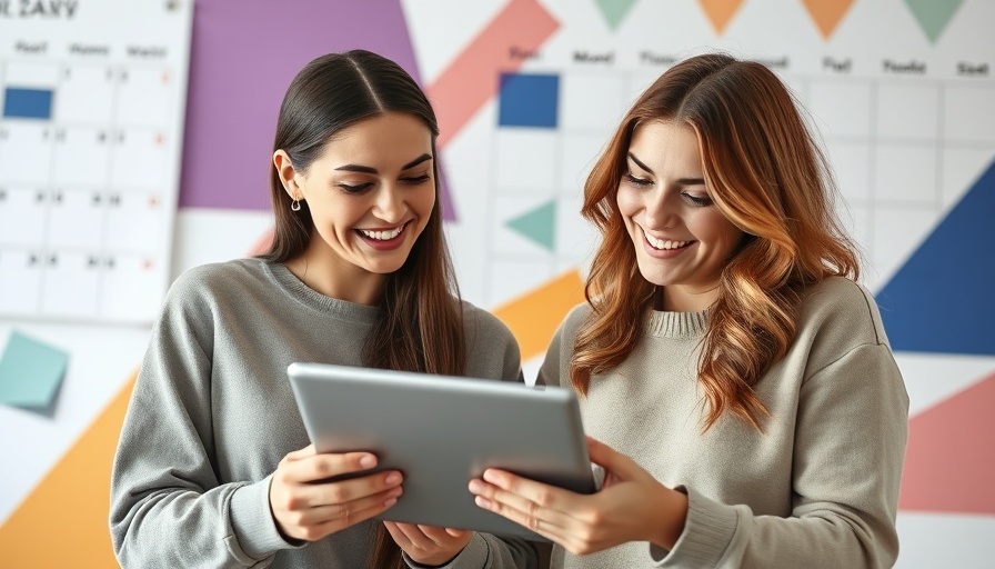 Two women using tablet for best content planning software with calendar.