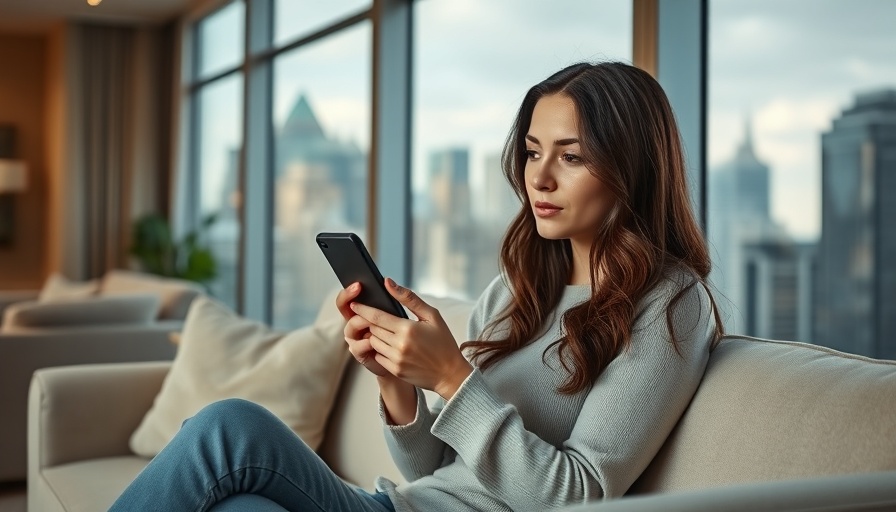 Young woman pondering reply on phone, bright living room