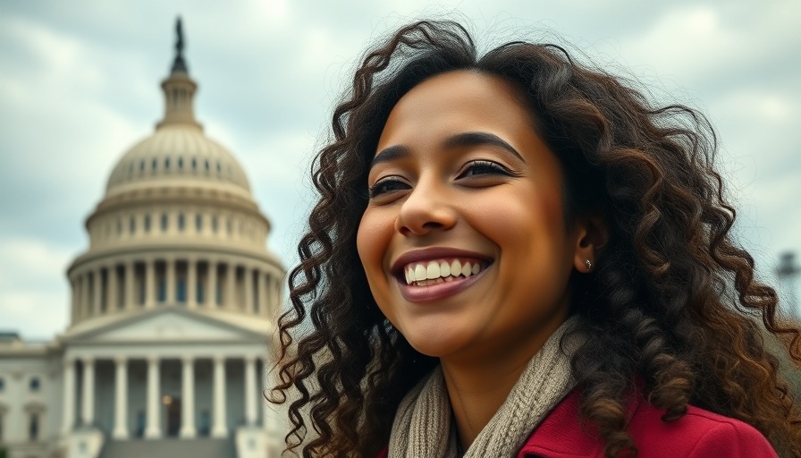 Cheerful young woman at the U.S. Capitol with cloudy sky.