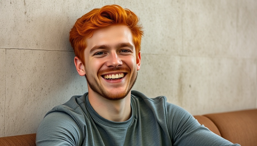 Smiling man with red hair and tattoos, relaxed pose