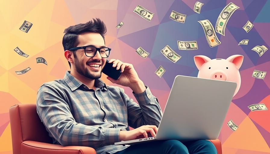 Smiling man using laptop with floating piggy bank, B2B Telemarketing Resurgence.