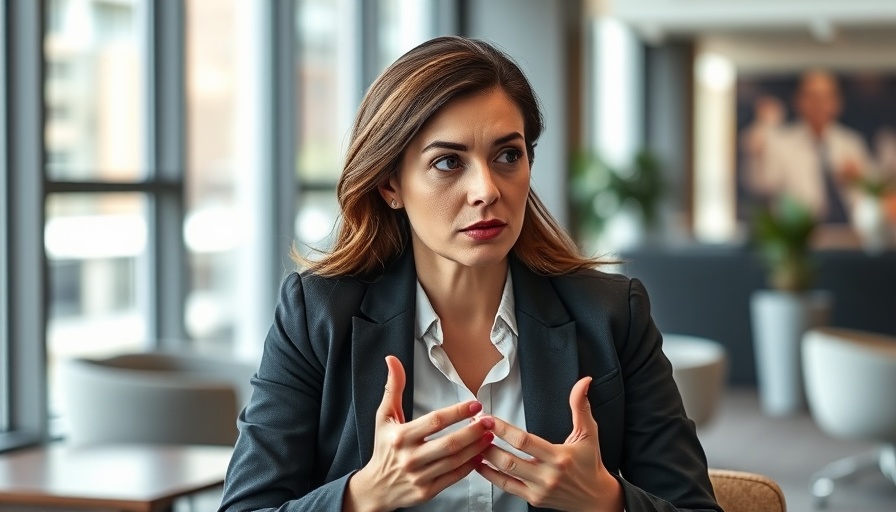 Confident businesswoman discussing strategy in sleek office.