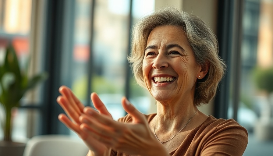 Woman smiling indoors with blurred urban background.