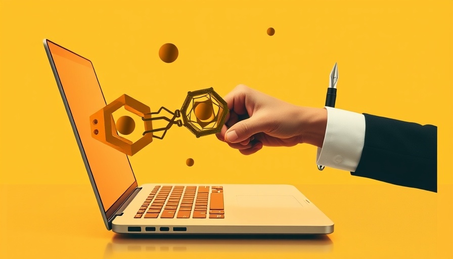 AI Content Generation Tools represented by a laptop and fist bump with pen nibs.