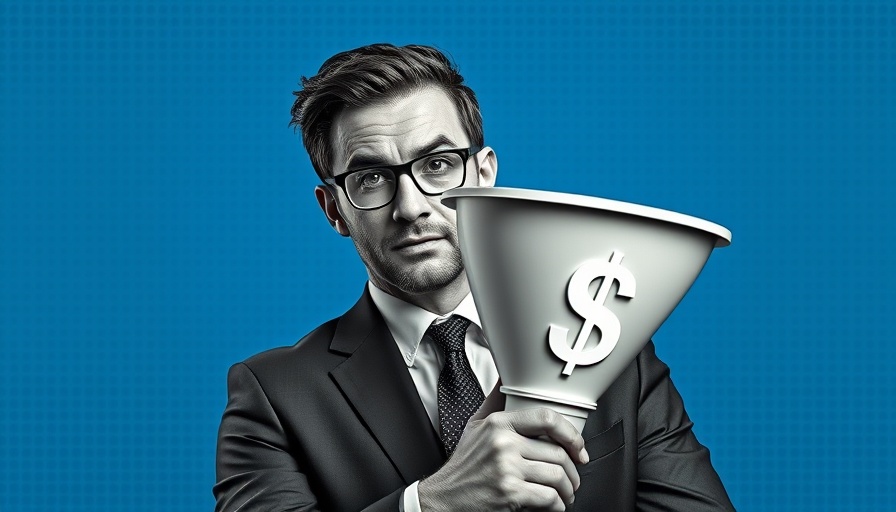 Stylized businessman holding sales funnel in pop-art style.