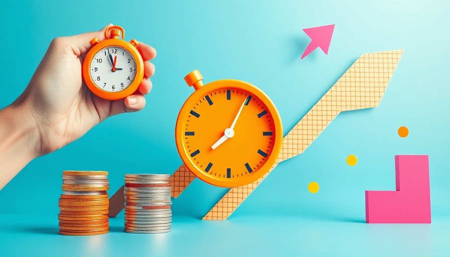 Colorful marketing concept with timer and digital arrow for ChatGPT marketing campaign planning.