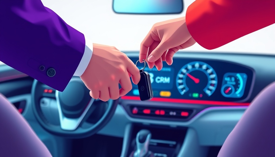 Stylized CRM illustration with car key exchange and dashboard.
