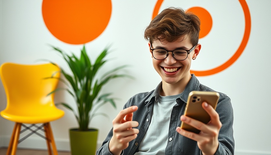 Smiling individual using phone surrounded by modern interior design elements, showcasing CRMs for property management businesses.
