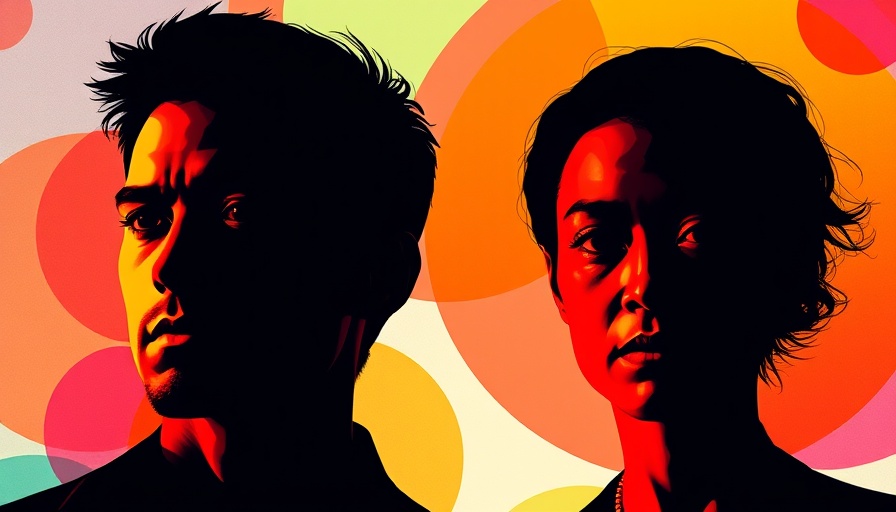 Colorful digital portrait of two serious figures, abstract background.