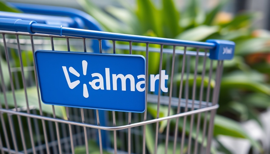 Close-up of Walmart shopping cart with logo next to greenery. Walmart's New Strategy.
