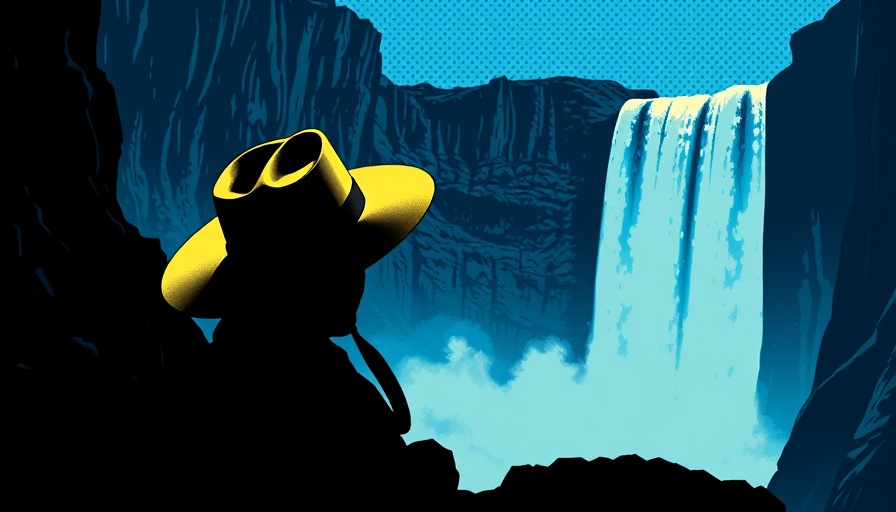 Person in hat looking at waterfall, blue pop-art style