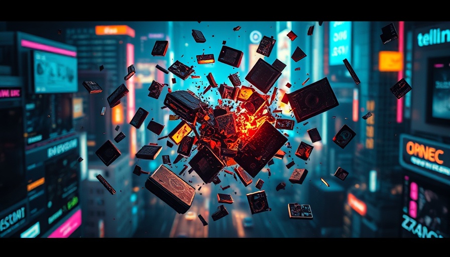 Abstract breaking up with technology concept, shattered electronics.