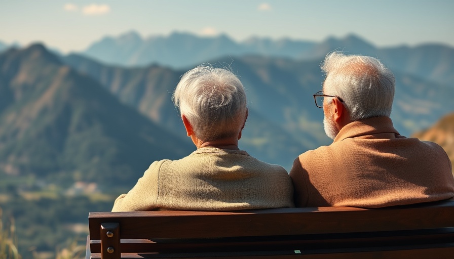 Tranquil elderly couple on bench gazing into scenic mountain view, representing contemplation and success in the idea economy.
