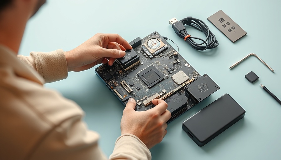 Hands assembling modular laptop on light blue desk for modular computing technology.