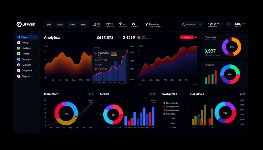 Dark marketing dashboard with sales analytics and graphs.