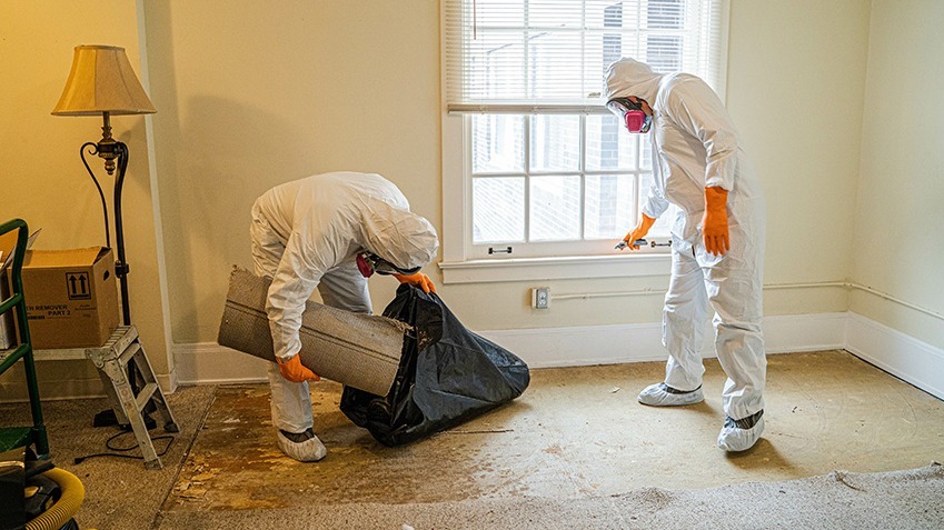 mold remediation team in hazmat suit 