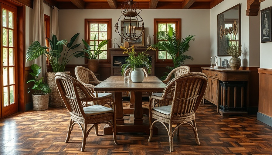 Elegant dining room with patterned wood floors and rustic decor.