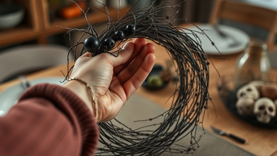 Creating a DIY spooky wreath with twigs, close-up view.