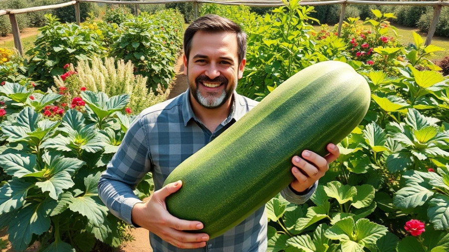 Man growing giant vegetables holds oversized zucchini in garden.