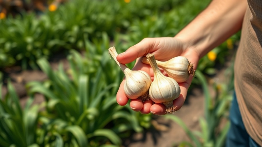 Person showing garlic in garden to avoid planting mistakes
