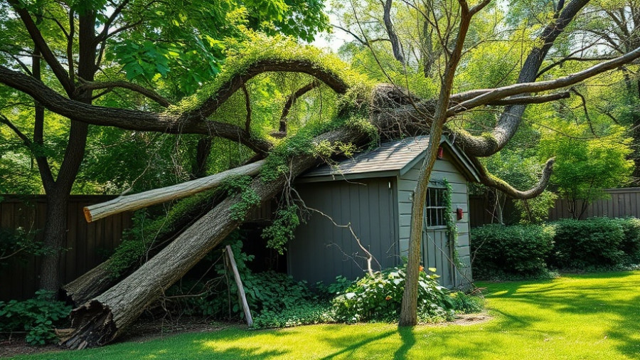 Tree fall in metro Vancouver backyard with shed and fence damage.